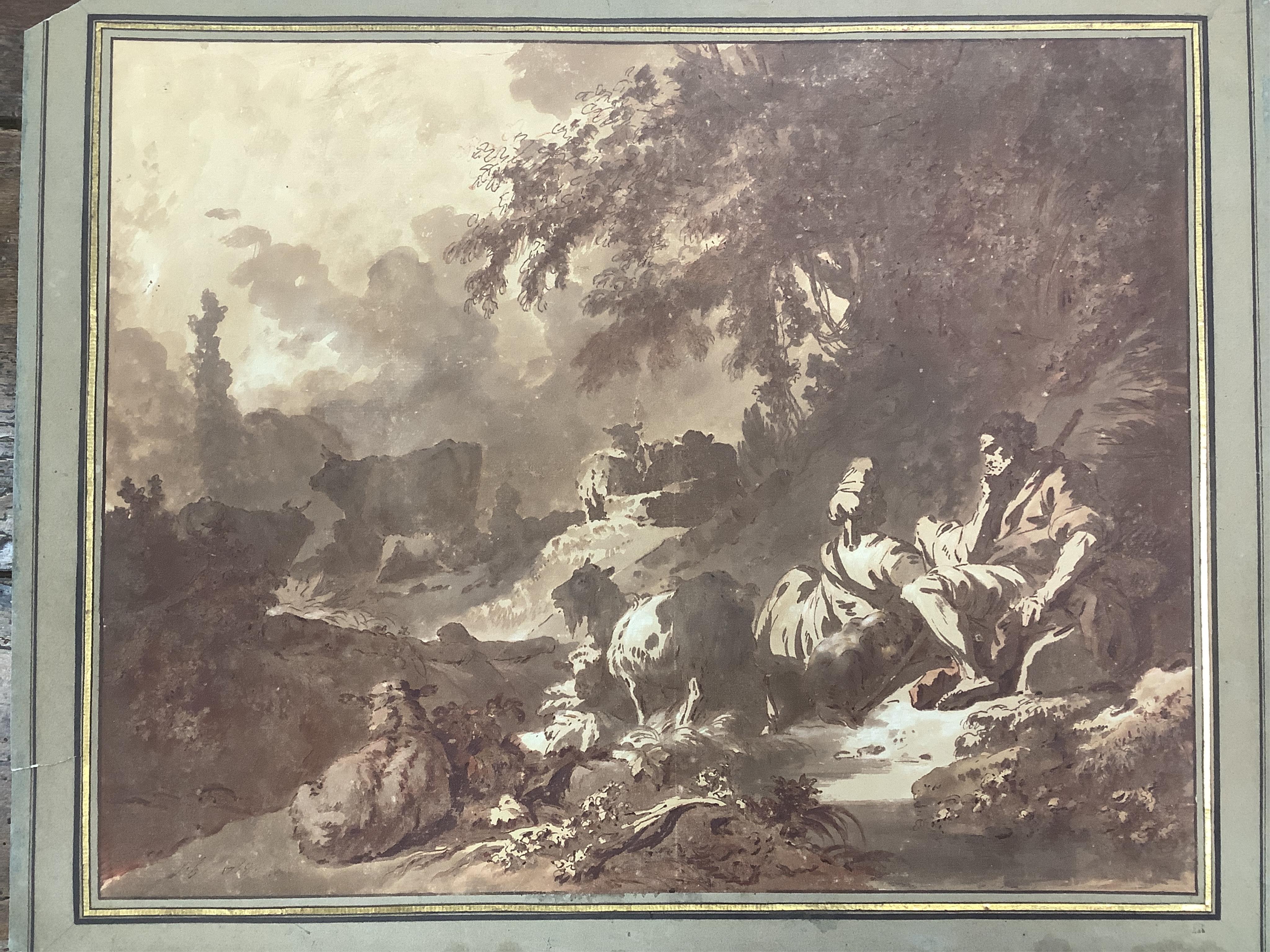 Old Master style, sepia, ink and wash, Shepherd and sheep, indistinctly signed and dated 1768, mounted, 33 x 41cm, unframed. Condition - fair to good